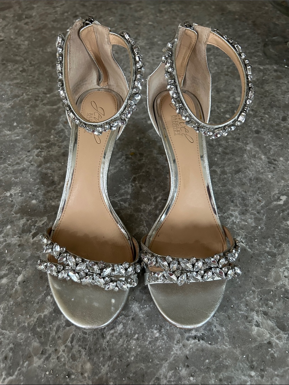 Badgley Mischka Silver Jeweled Ankle-Strap Heels
